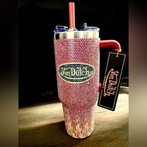 Von Dutch Genuine Authentic 40 oz. Red Rhinestone Tumbler w/Retro Flames&Straw